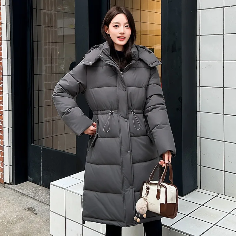 2026 Fashion Cotton-padded Jacket Women's X-long Parkas Winter Coat Thicken Hooded Overcoat Streetwear Drawstring Slim Outerwear
