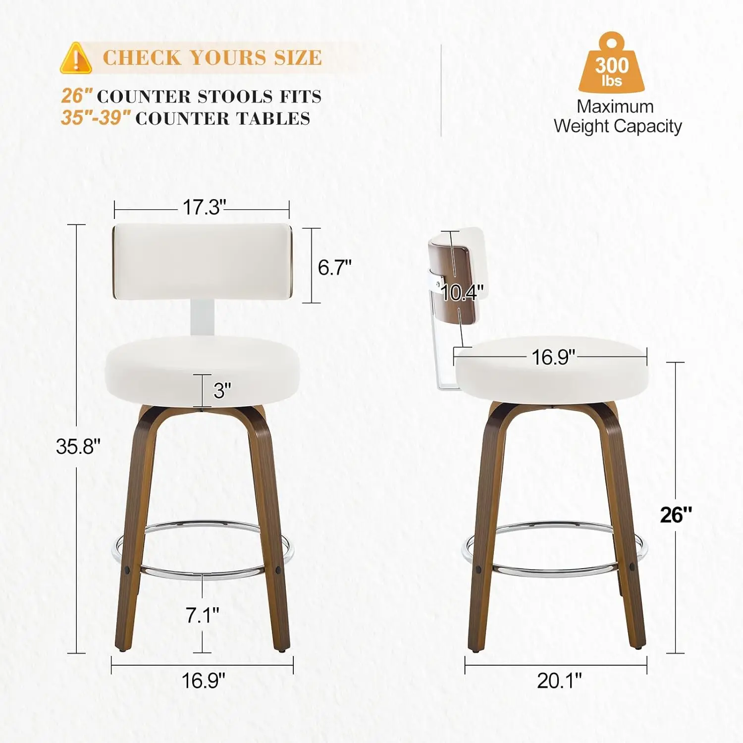 Juego de 3 taburetes de bar giratorios, piel sintética, patas de nogal, altura del asiento de 26', blanco