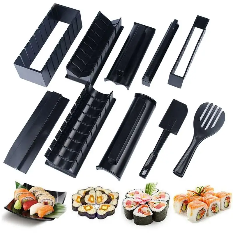 

DIY Sushi Mold Roll Sushi Maker 10Pcs Sushi Making Kit Sushi Rice Roll Mold Shapes Fork Spatula DIY Home Sushi Tool Black Not