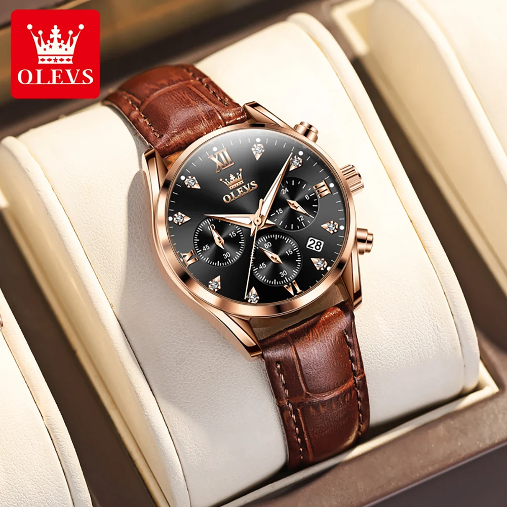 OLEVS Original Trend Women Watch Waterproof Leather Strap Quartz watches for woman Classic Three Eyed Dial Women's wristwatch