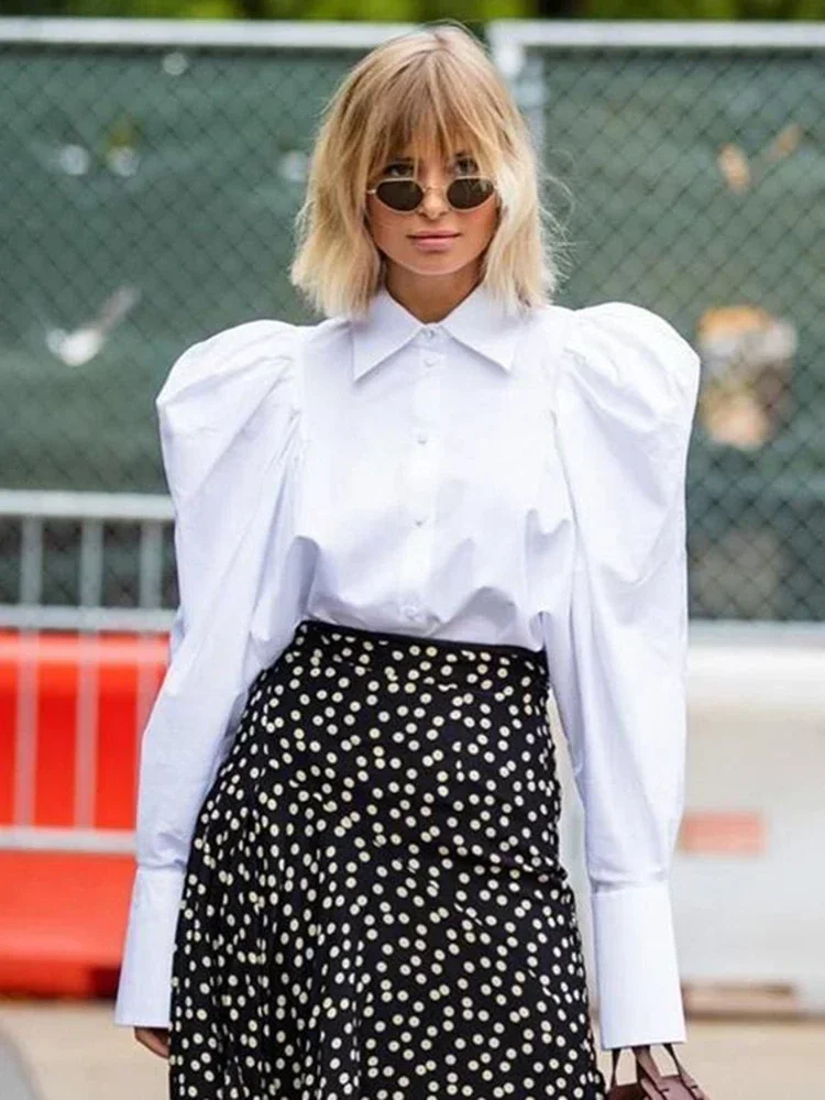 

Fashion Women's Shirt Long Puff Sleeves Lapel Single Breasted White Cotton Straight Blouse Autumn 2024 New Tide 7AB1171