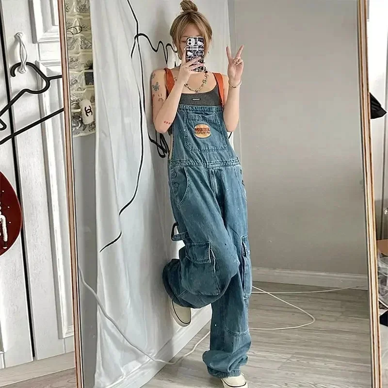 Cool Girl Style Embroidered Spicy Ink Denim Strap Jumpsuits Women's Autumn/Winter Large Loose and Slim Retro One Piece Pants