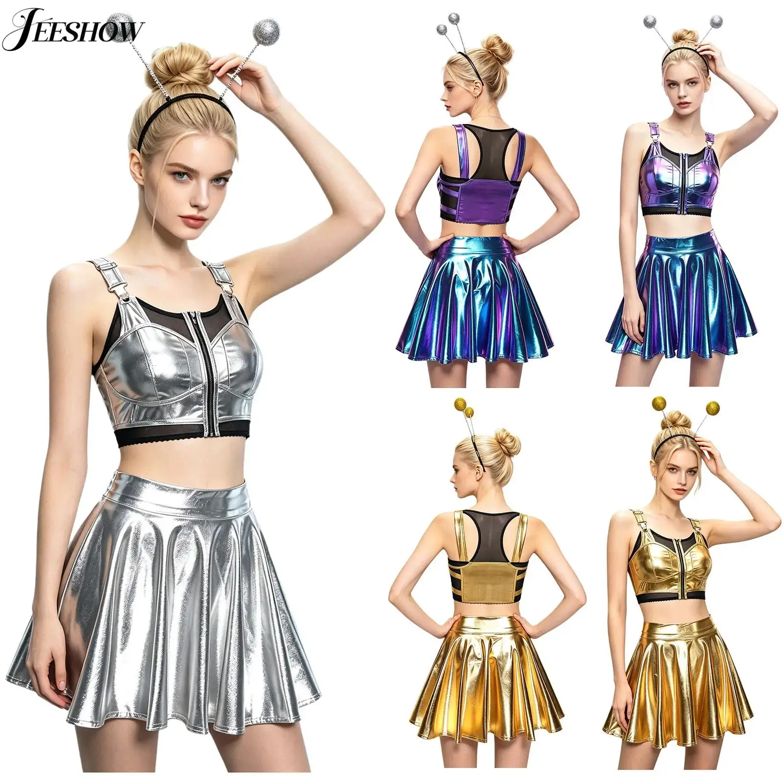 Womens Space Alien Costume Shiny Metallic Crop Tank Top with Miniskirt and Headwear Astronaut Cosplay Outfit for Halloween Party