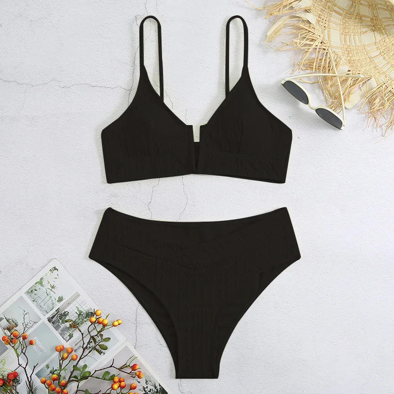 Sommer Neue Einfarbig 2-teilige Badeanzug Sexy Hohe Taille V-ausschnitt Bikini Hosenträger Backless Strand Weibliche Backless Bademode