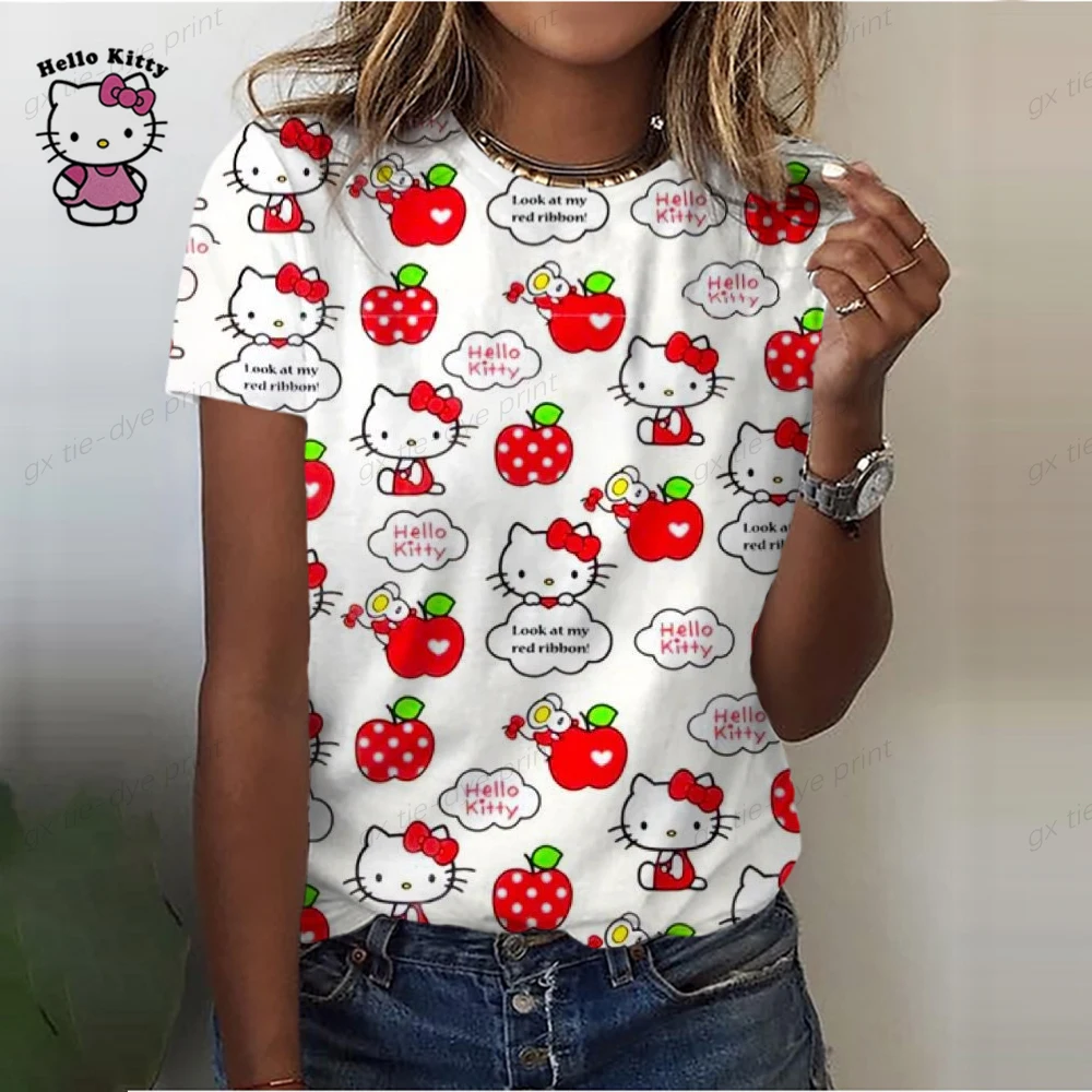 

Модная одежда, женская одежда с рисунком Hello Kitty, футболка с коротким рукавом и графическим рисунком, летняя футболка, женская футболка, женский топ с рисунком