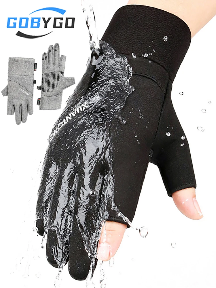 AliExpress gobygo GOBYGO 1Pair Winter Gloves Add FleeceFor Warmth Silicone Anti-slip Cycling Gloves Two-finger-exposed Touchscreen Fishing Gloves