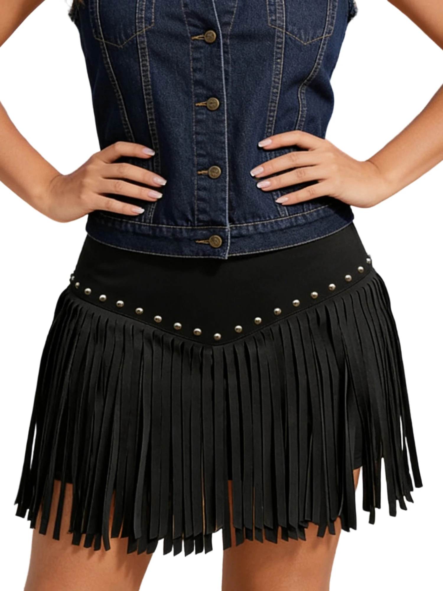Women s Western Tassel Skirt Elegant Solid Color Cowgirl High Waist Mini Skirt for Party Concert Daily Wear