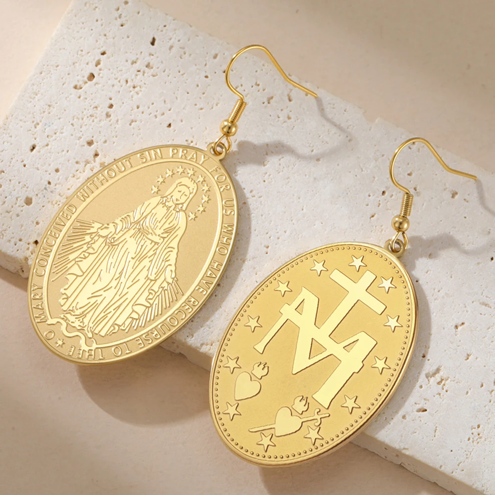 Dawapara Virgin Mary Mother of God Pendant Earrings Religious Catholic Blessing Talisman Stainless Steel Jewelry