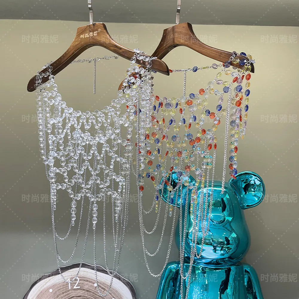 Glitter Crystal Rhinestone Tank Top For Women Sexy Hollow See Through Diamond Chain Camisole Cocktail Party Festival Crop Top