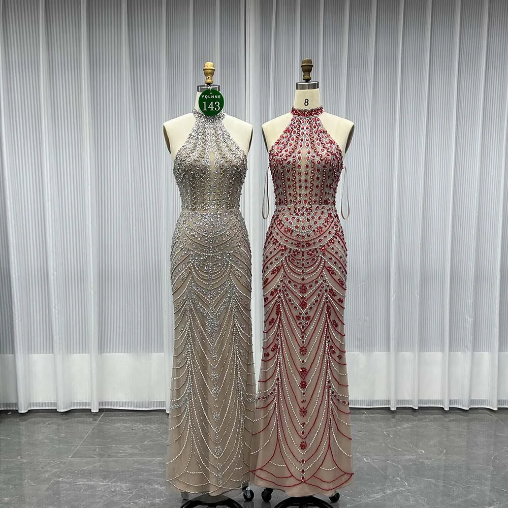 

YQLNNE 0143 Роскошные красные вечерние платья со стразами, длинное вечернее платье русалки с лямкой на шее на шнуровке