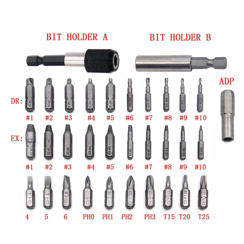 

Dismantling tools for rust and breakage: 22/33PCS screw puller, fixing strap screw, nut and bolt, drill bit, screwdriver