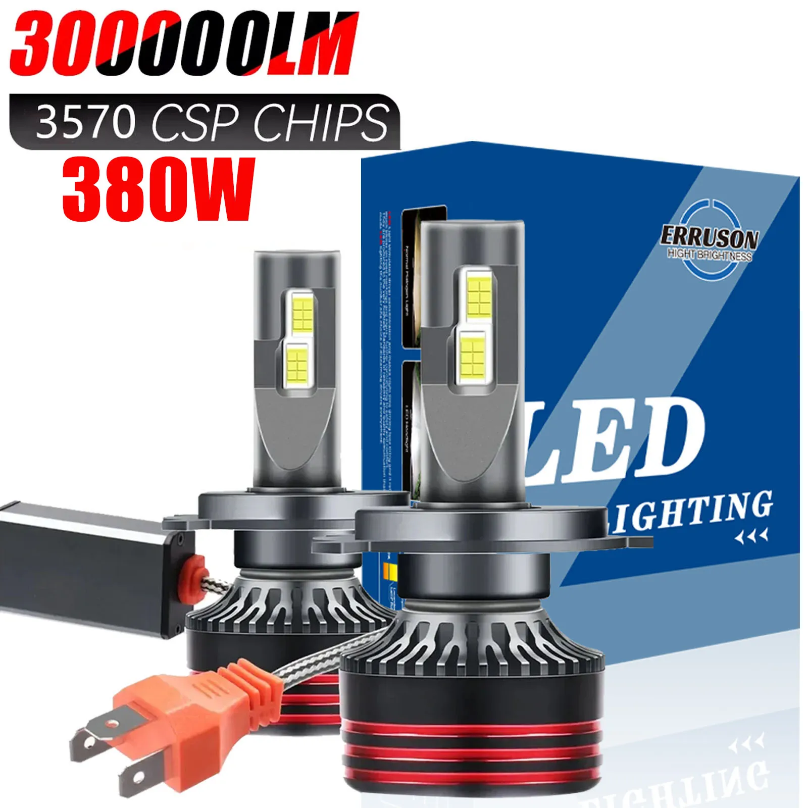 Erruson 380 واط 300000LM H4 LED H7 H11 سيارة العلوي لمبة عالية الطاقة CSP H1 H3 9005 9006 9012 HIR2 توربو مصباح 6000 كيلو سيارة ضوء 12 فولت