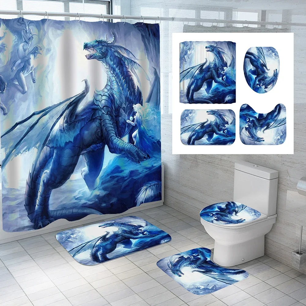 

Flying Dragon Printed Waterproof Shower Curtain Set Toilet Cover Mat Non-slip Bath Rugs Bathroom