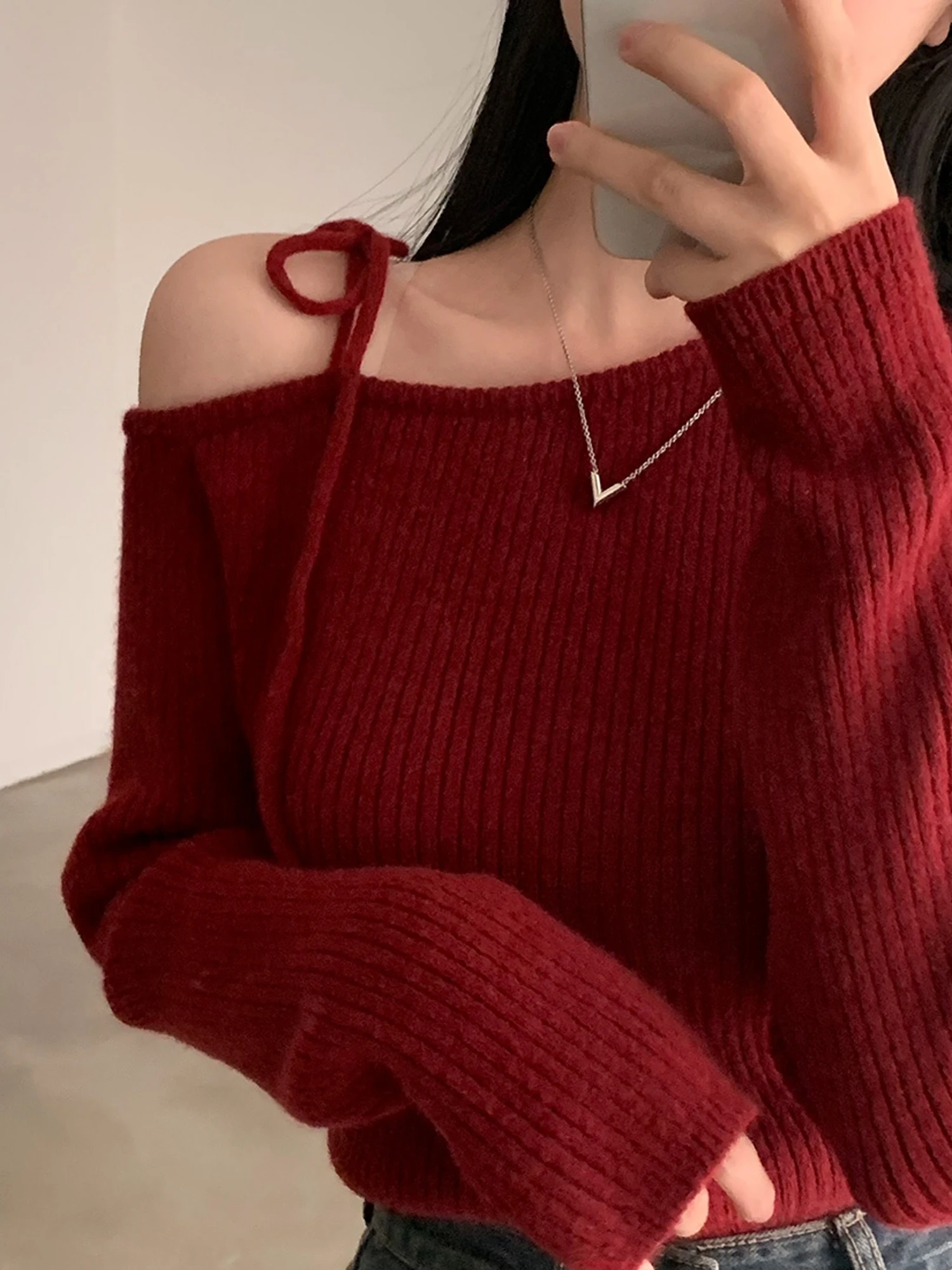 Chic Red Off-Shoulder Knitted Sweater Women's Spring Autumn New Design Sensation Soft Cozy Top Korean Style Straight Cut Long...