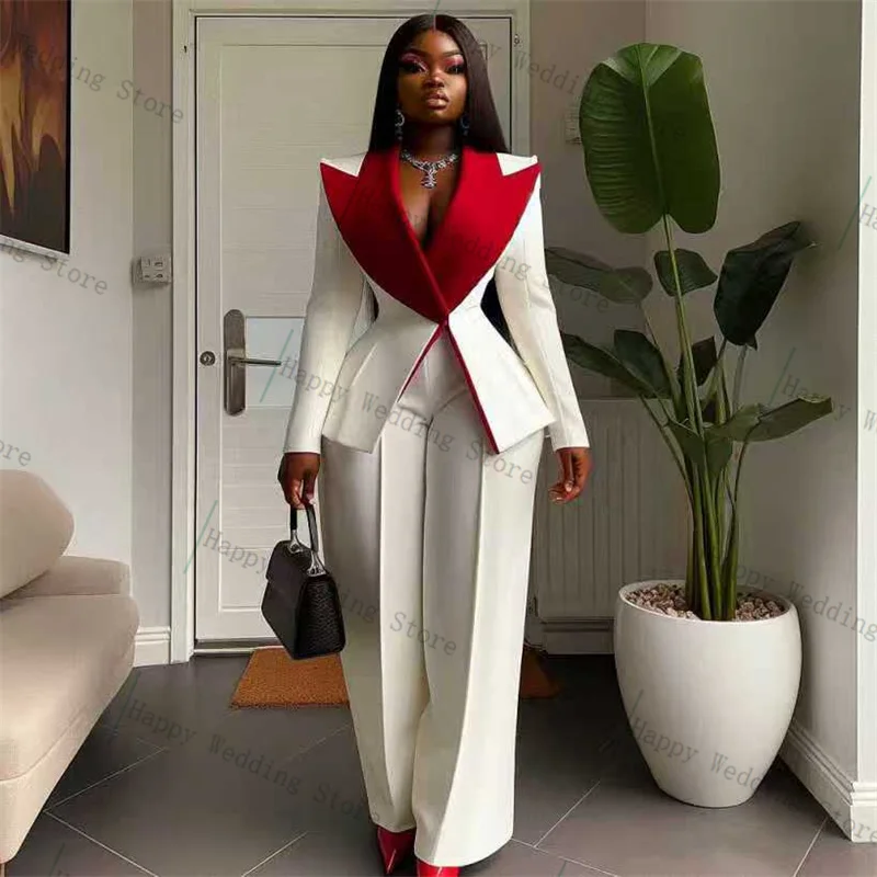 

White Women Suit Set 2 Piece Blazer+Pants Trousers Red Lapel Cotton Formal Office Business Lady Jacket Customized Wedding Coat