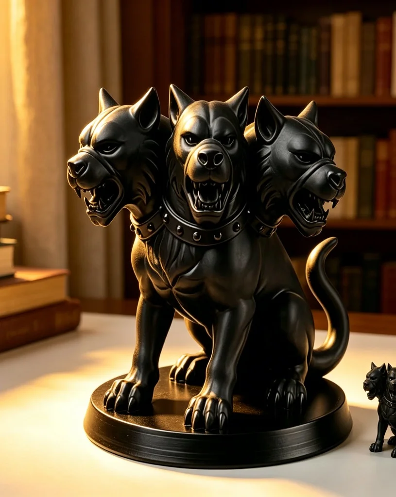 Majestic Three-Headed Hound Figure 3D Modeled Display Shelf Styling Dramatic Ornament Compact Size Glossy Texture