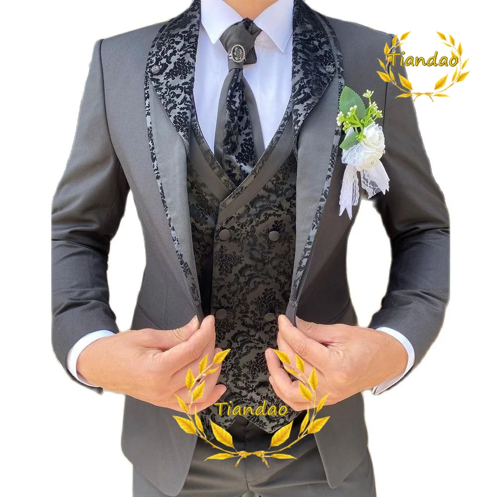 Trouwpak Voor Mannen Formele Blazer Broek Vest Drie Delige Bruidegom Jas Set Jacquard Slim Fit Outfit Conjuntos De Chaqueta