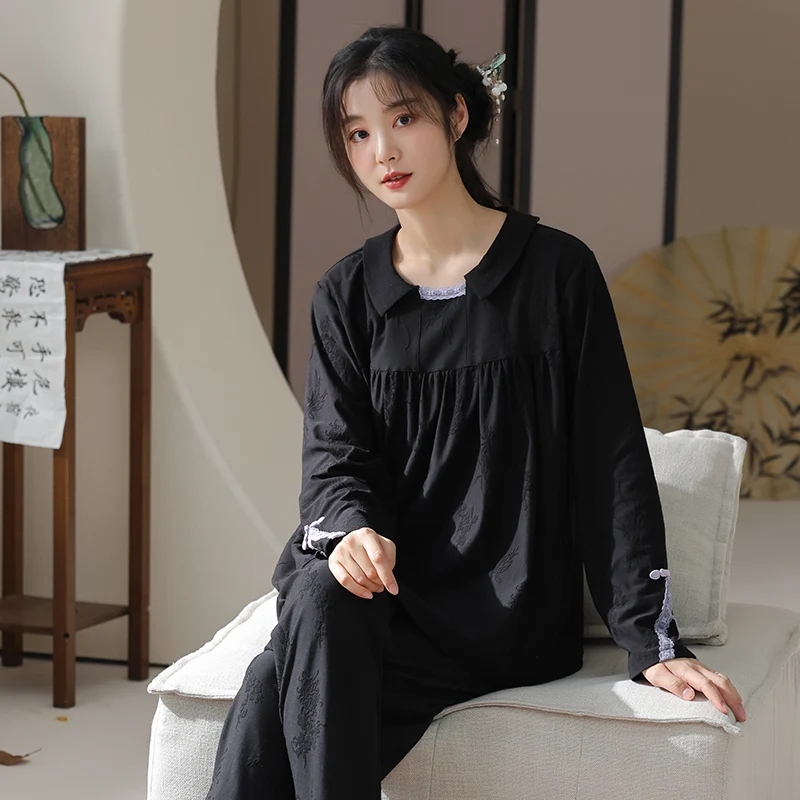 

Autumn Knitted Cotton Women Pajamas Set Long Sleeve Round Neck Female Sleepwear Sweet Casual Soft Women's Pyjamas