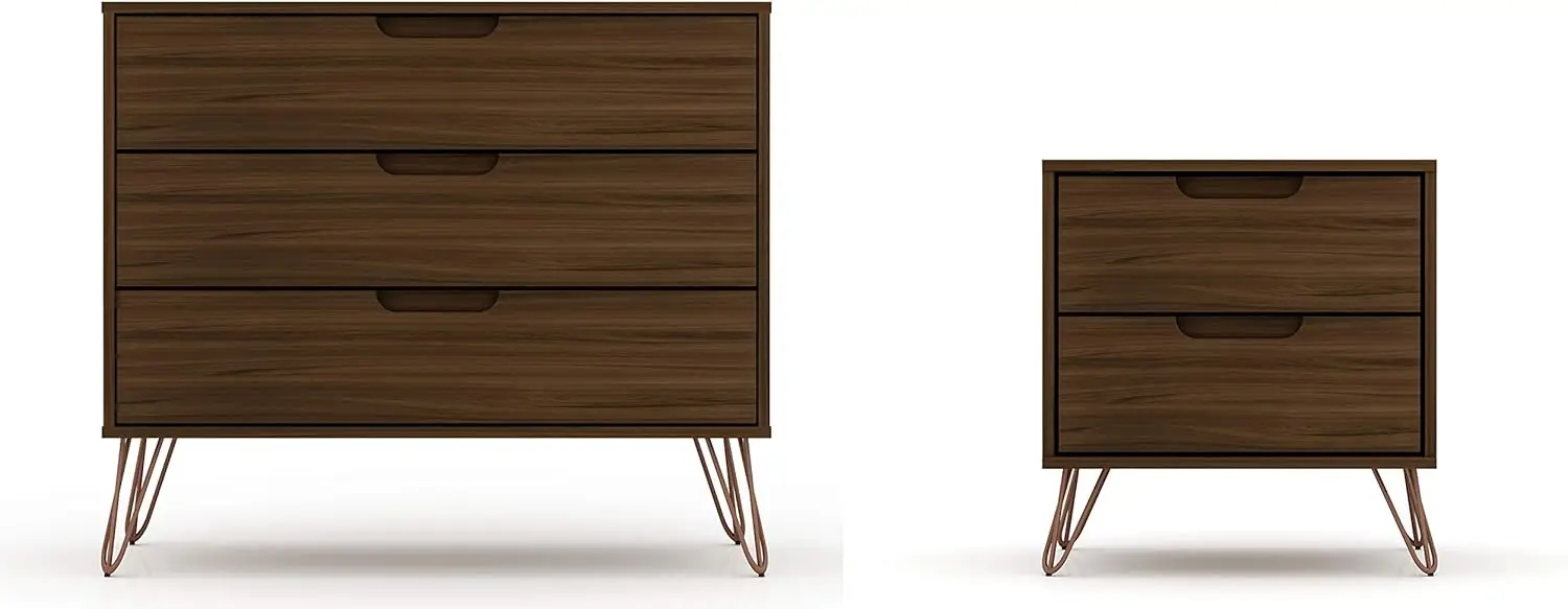 

Rockefeller Mid-Century Modern 3 Drawer Bedroom Dresser with Nightstand, Set of 2, Brown