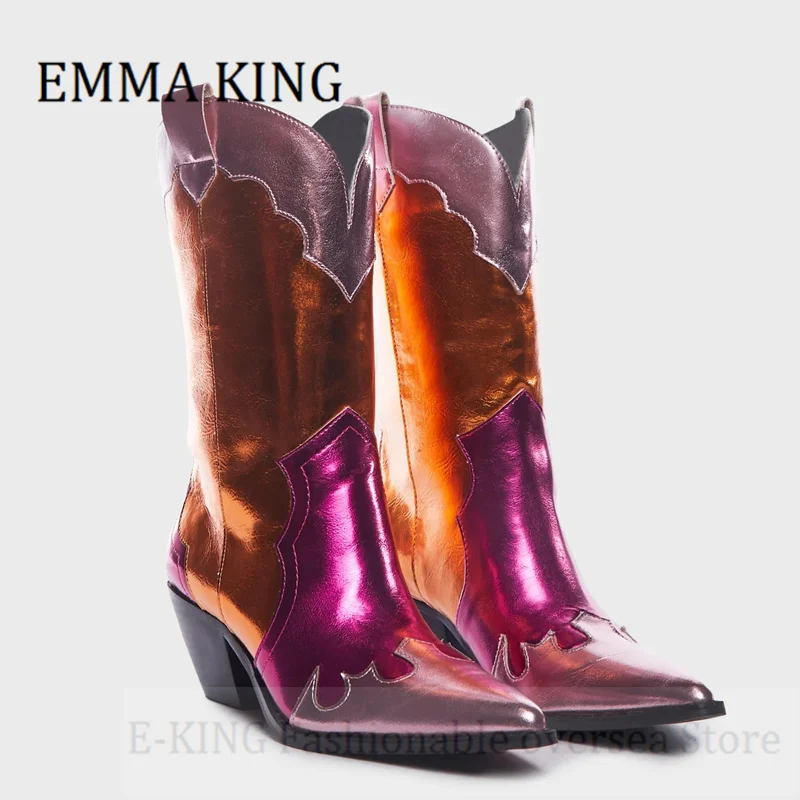 Wielokolorowy lakierowana skóra kowbojki w stylu Western buty na koturnie w połowie buty ze skórki cielęcej seksowne spiczaste buty z metalowymi