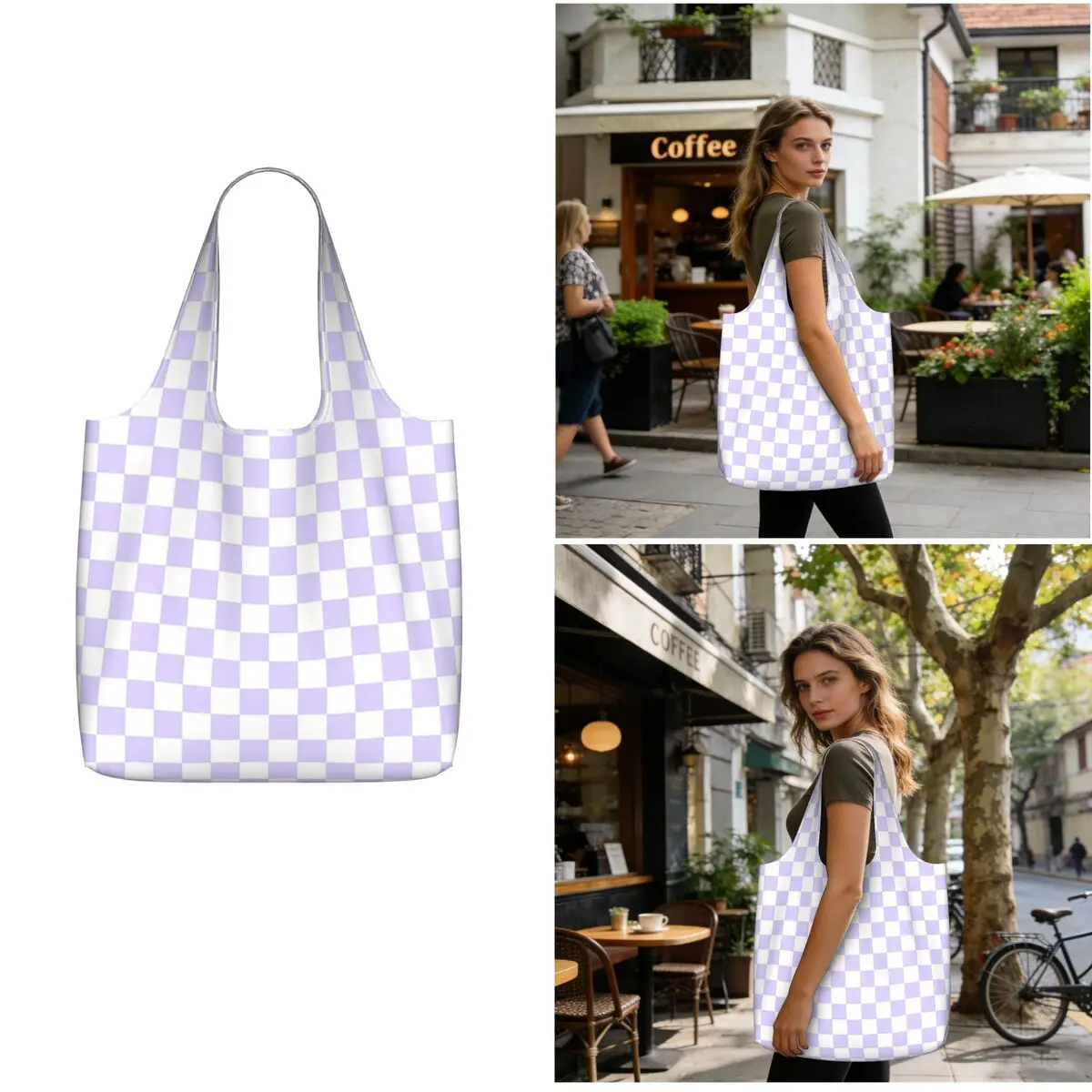 White And Pale Lavender Violet Checkerboard Shopping Tote Bag Canvas Large Capacity Shoulder Bags Shopper Grocery Handbag