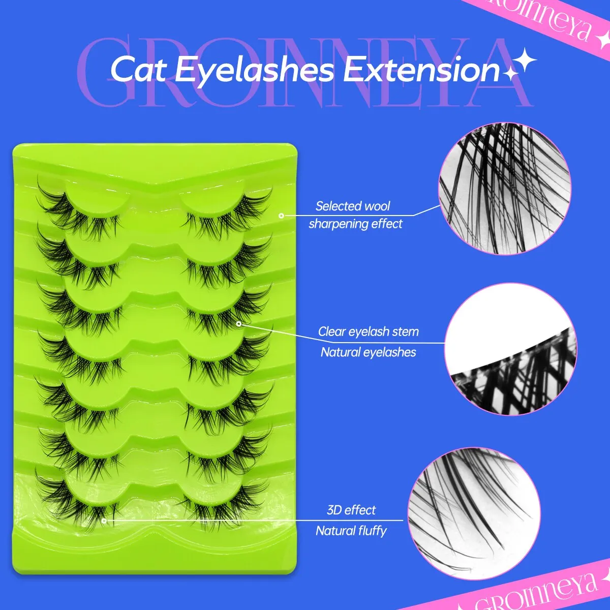 GROINNEYA 7 Pairs Cat Eyelashes Invisible Band Lash Extension Natural False Eyelashes Cross Cluster Fairy 3D Faux Fox Lashes