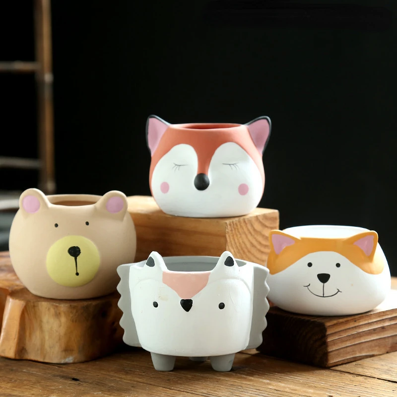 4pc set Creative Cartoon Succulent Pot Cute Flower Pot with Cat and Dog Shaped Ceramic Basin Desktop Ornaments Home Decoration