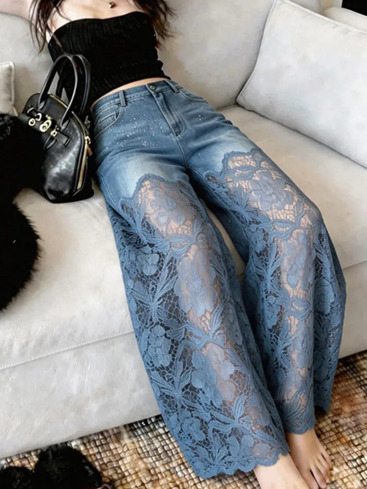 Calça Jeans Feminina Azul de Cintura Alta com Perna Larga Vazada, Nova Coleção de Verão, Solta e Casual, em Tecido Denim com ...