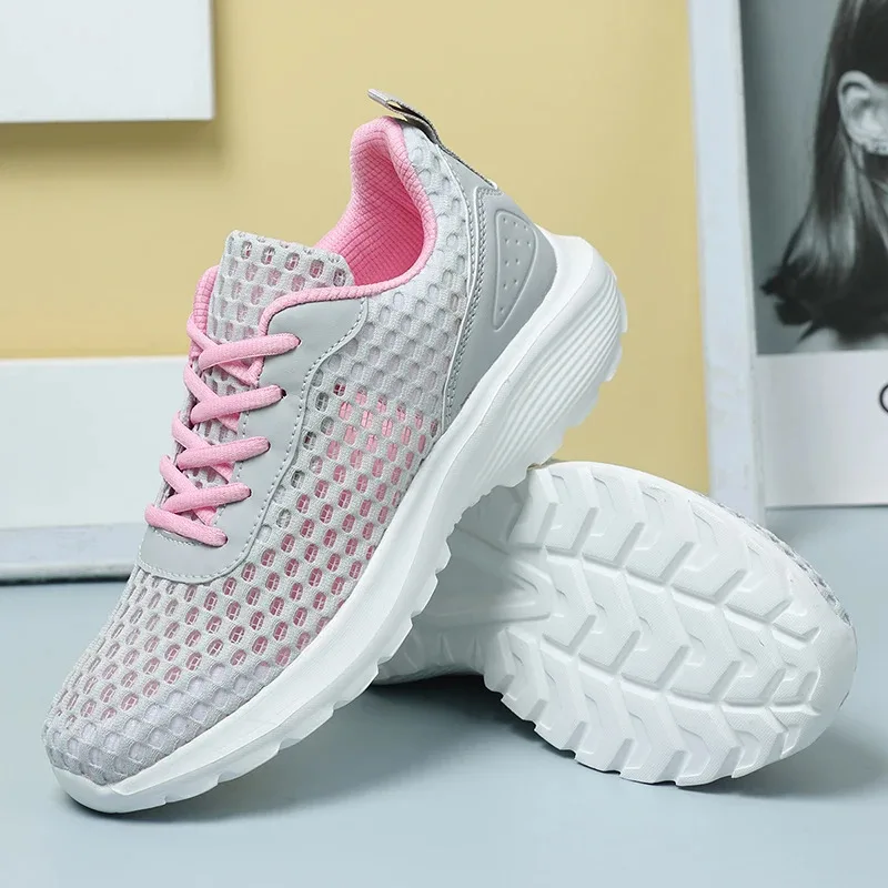 

Gray Women Casual Sports Mesh Breathable Summer Fashion Walking Shoes White Sneakers Big Size 42Ladies Flat Trainer