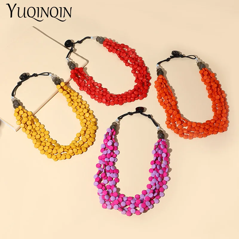 Trendy Colorful Resin Beads Short Necklaces for Women Summer Bohemian Layered Big Pendant Necklaces Vintage Hot Fashion Jewelry