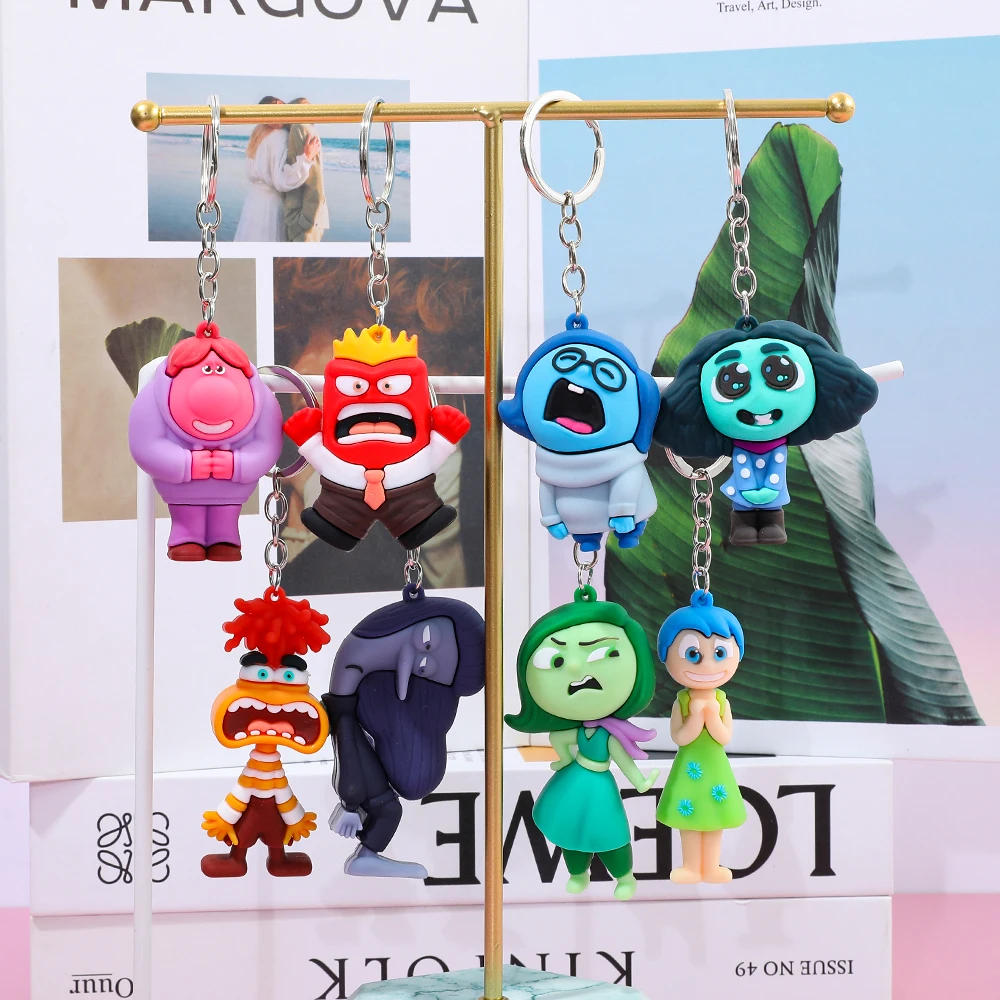 8PCS Disney Inside Out 2 Keychains Cartoon Sadness Anger Disgust Fear Action Figures Dolls Key Rings Kawaii Bags Pendants Kids