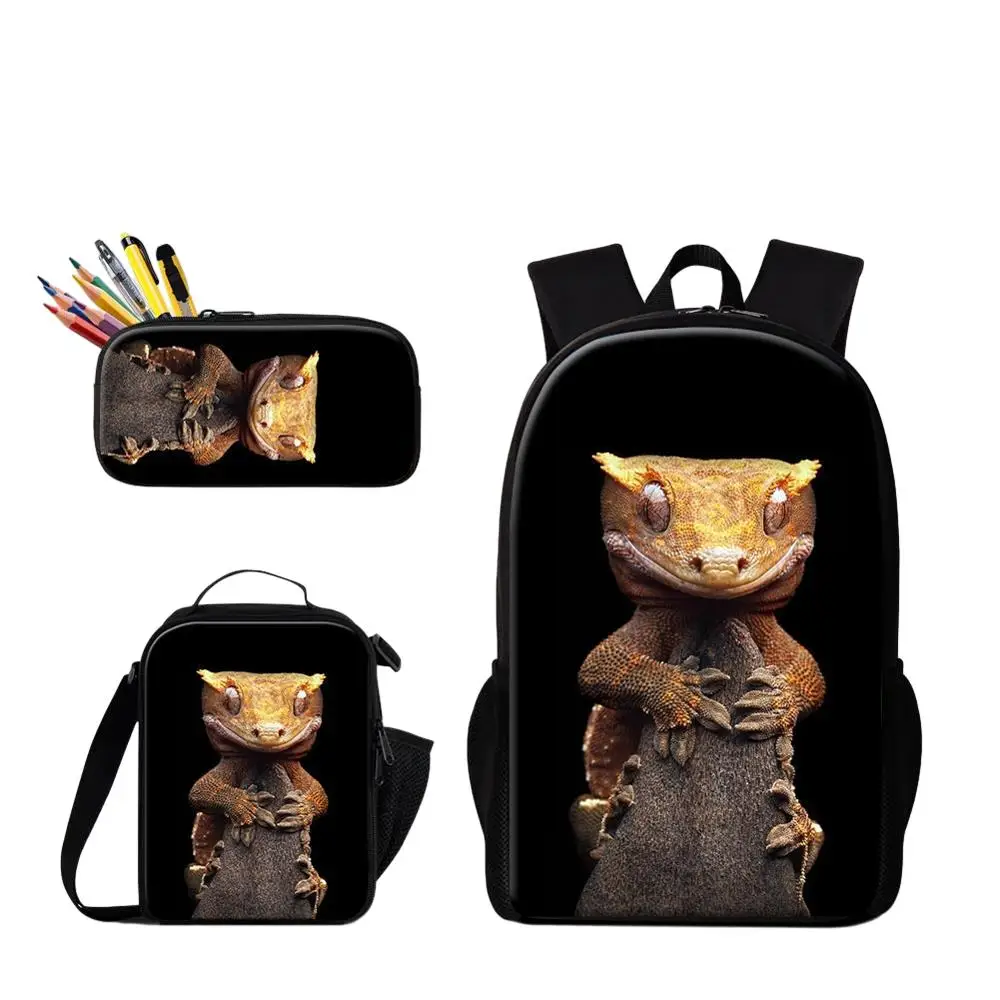 3 Stück Feder mäppchen Schult aschen Set Picknick Essen Kühler Eidechse Tier druck Schult asche Jungen Mode Rucksack Kinder benutzer definierte Bolsa