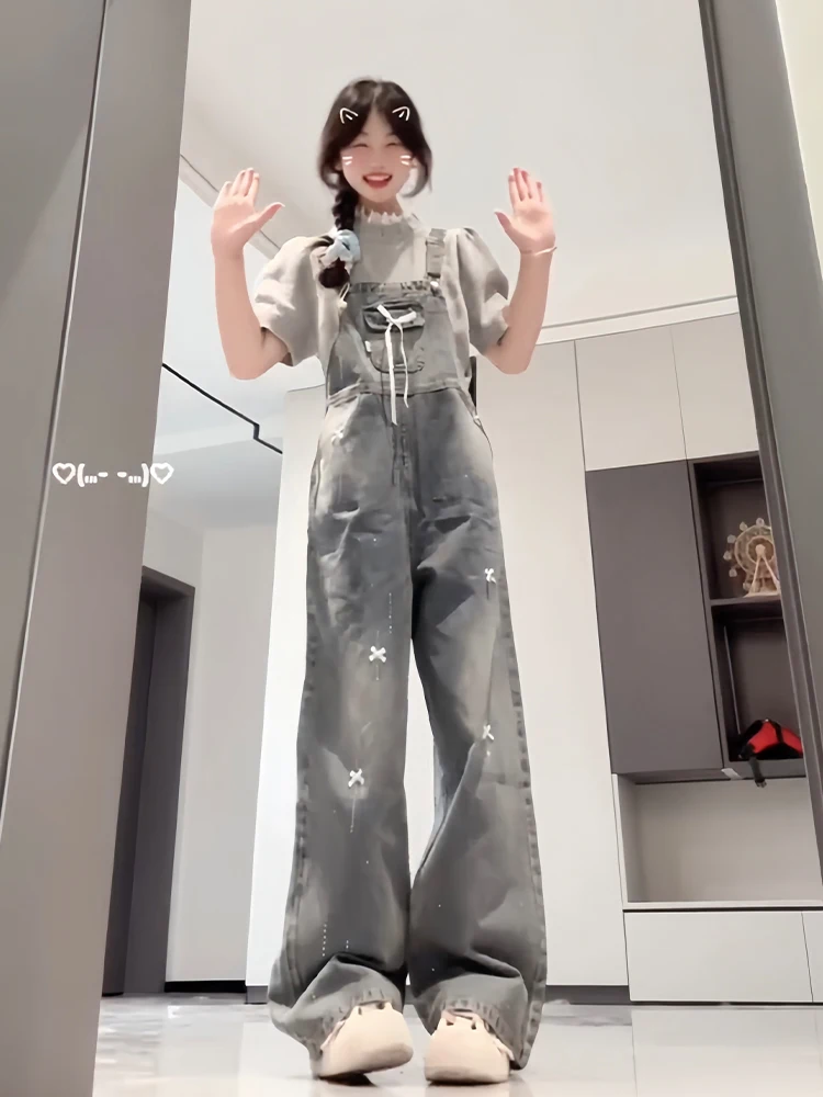 

Women Spring Summer New Style Slimming Loose Wide-Leg Floor Trousers Lace Bow Hot Diamond Shiny Design Trendy Washed Jeans