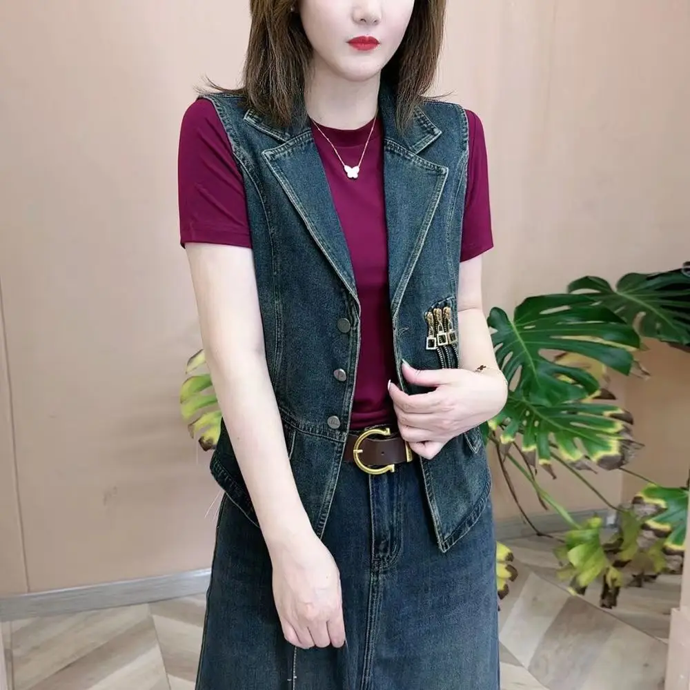 

Retro Washed Denim Vest For Women 2025 Spring Autumn New Sleeveless Korean Denim Jacket Casual Denim Suit Collar Vest Waistcoat