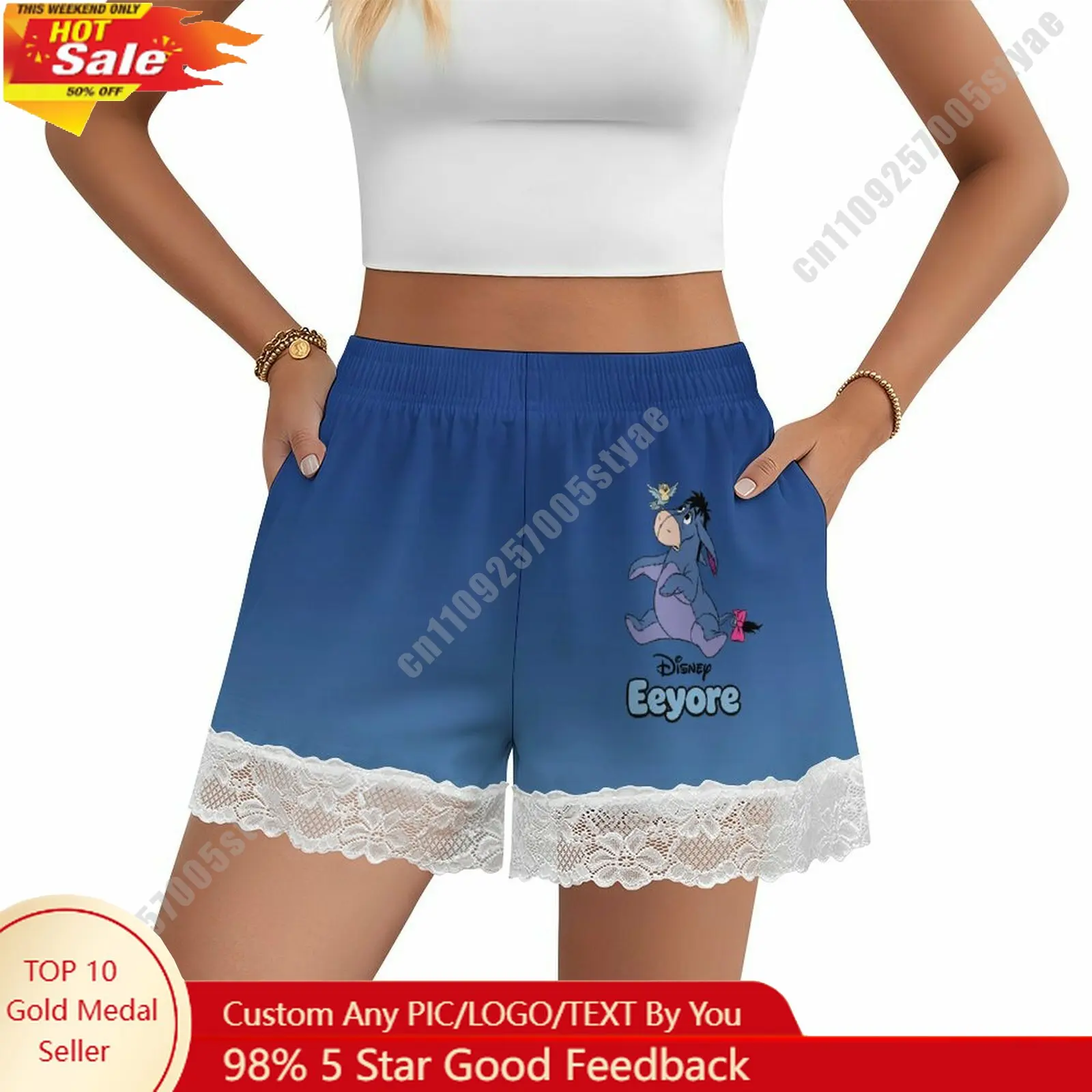 

Eeyore Short Pajama Pants Disney Cartoon Women Summer Lace Trim Thin Panties Custom Loose Home Casual Shorts