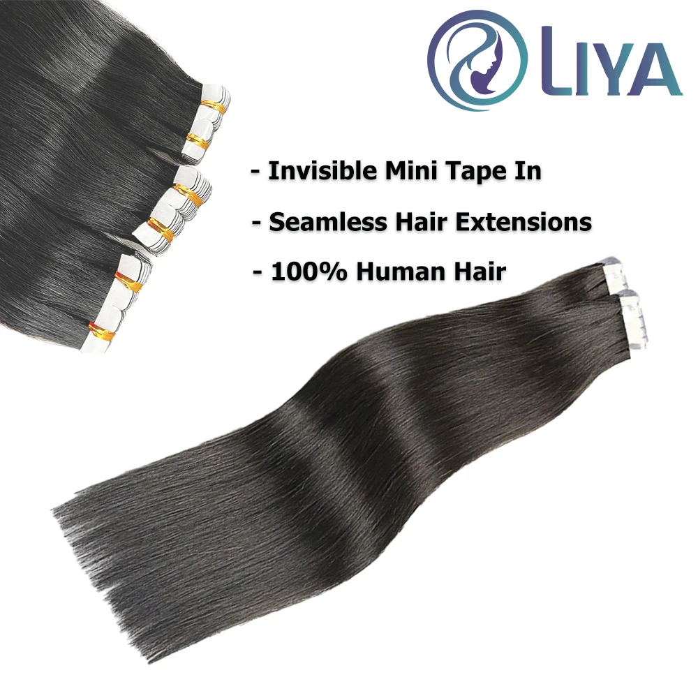 Mini cinta recta en extensiones de cabello, 16-26 pulgadas, 100% cabello humano, adhesivo Invisible, cinta de trama de piel de PU sin costuras Ins para salón # 1B