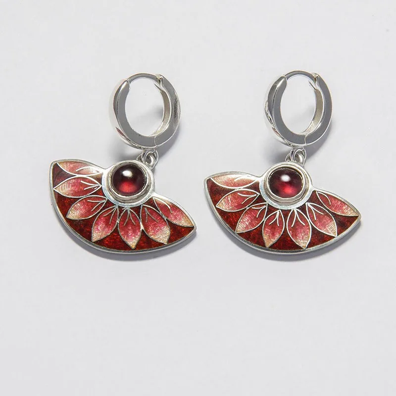 New Fan-shaped Enamel Maple Leaf Red Flower Dropped Earrings for Girls Retro Fashion Handmade Women\'s Earring Accessories