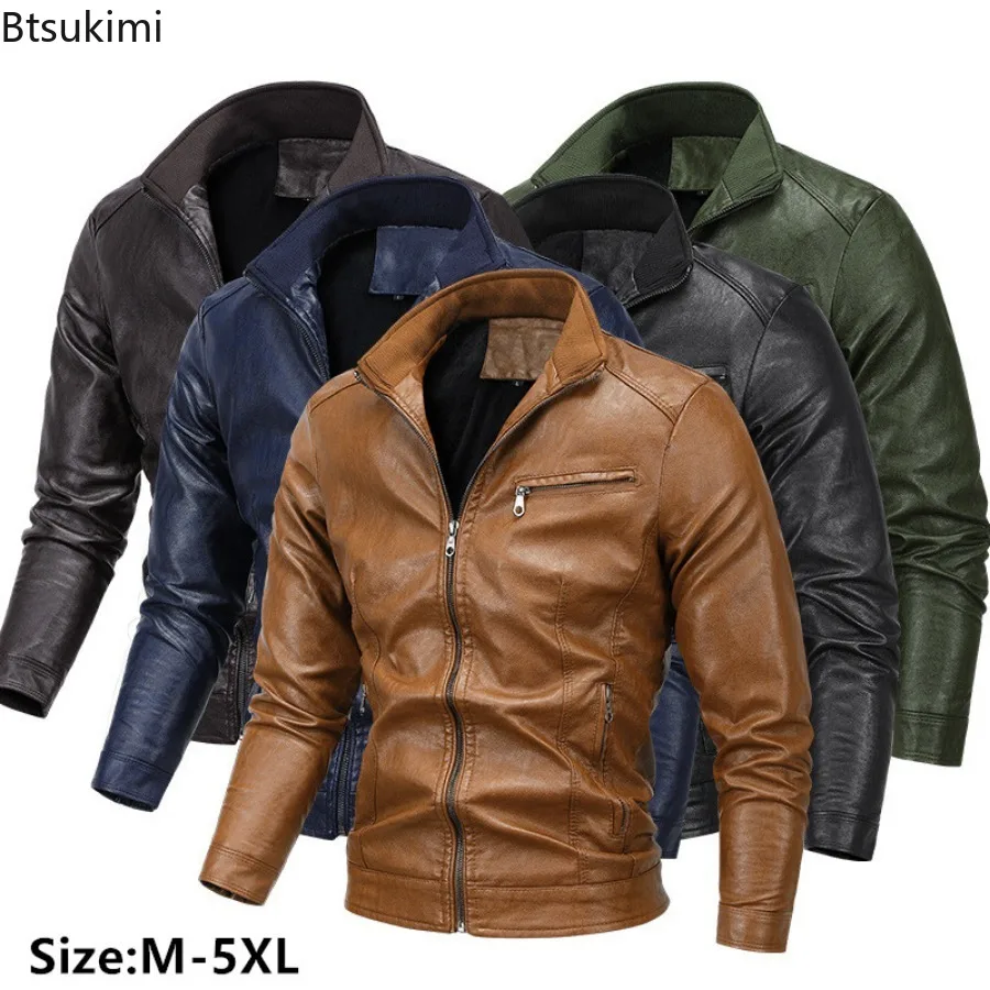 Jaket kulit PU bulu domba ukuran besar, jaket kulit PU, mantel kulit sepeda motor, mantel pria muda, pakaian luar keren, ukuran besar 5XL