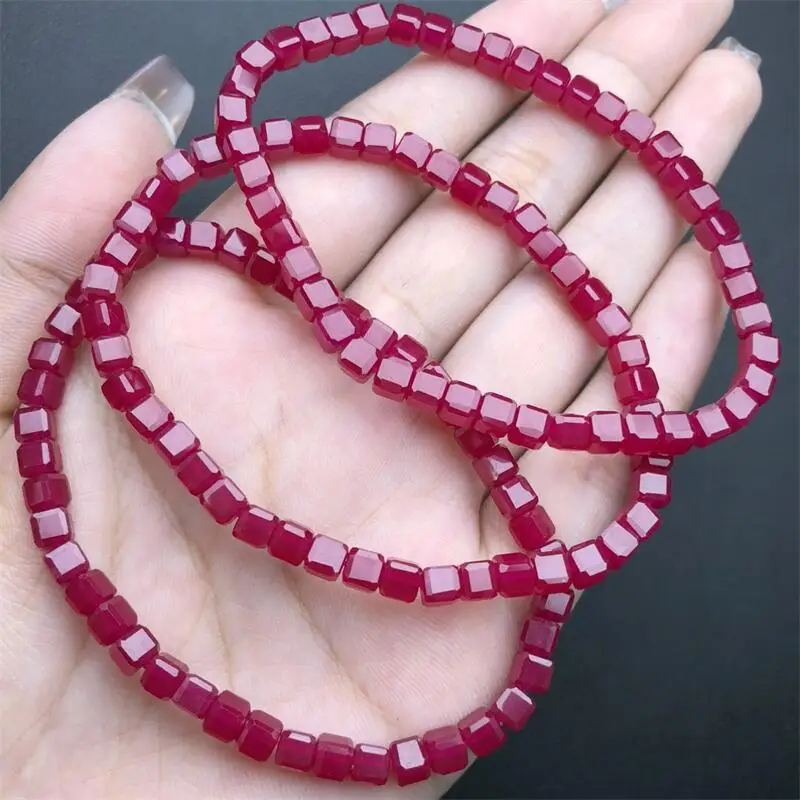 4MM Natural Red Corundum Cube Bracelet Crystal Reiki Healing Stone Fashion Jewelry Gifting Gift For Women 1pcs