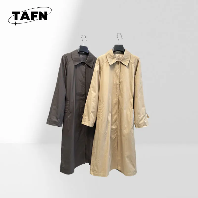 100% Cotten Street Style Overcoat with Lapel Design Women's Mid-Length Windbreaker Trench Jacket with Buttons AI1564