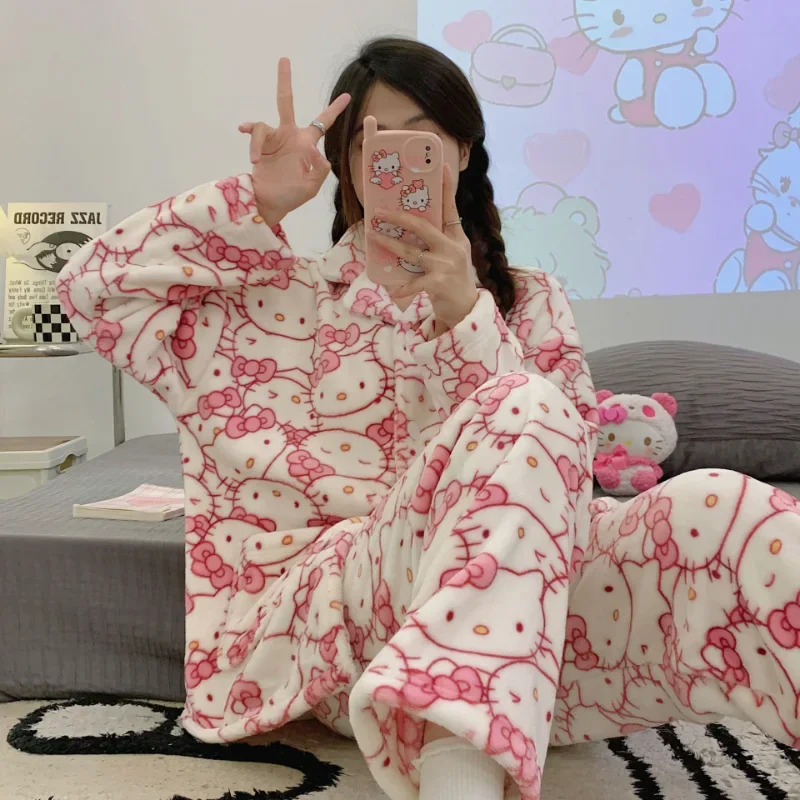 Sanrio Hello Kitty Winter Cotton Long Sleeve Trousers Two-piece Set Warm Fleece Women\'s Pajamas Coral Fleece Homewear Set