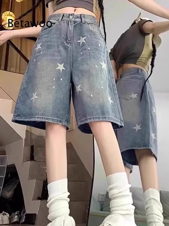 Women Retro Washed Star Print Denim Bermuda Shorts Loose Straight Leg Casual Mid Length Jeans