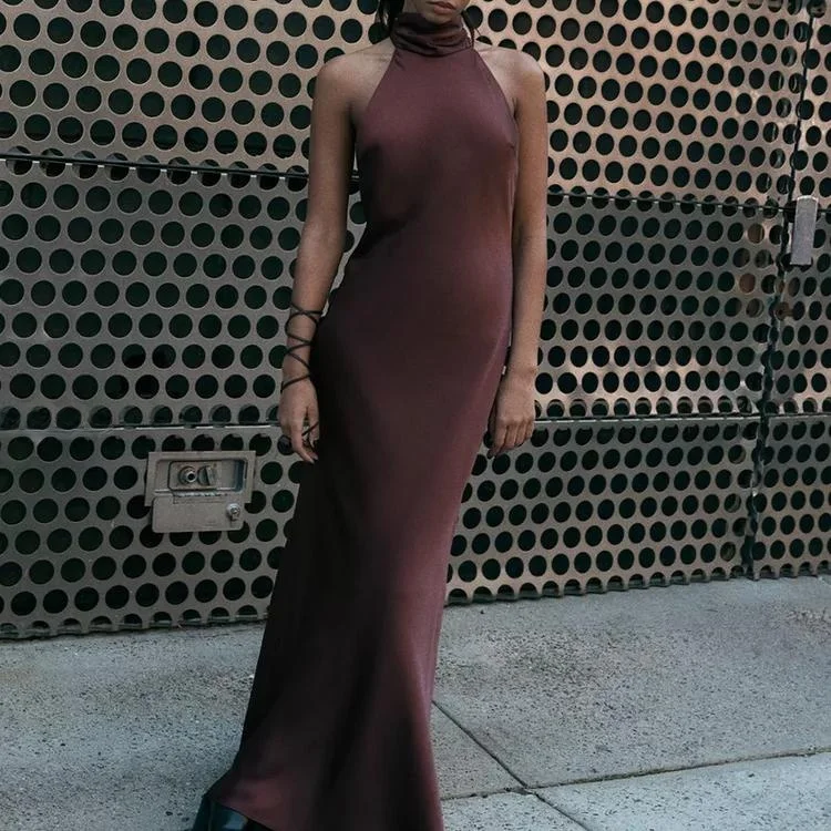 봄 신상 스타일 민소매 A라인 이브닝 드레스 홀터넥 실크 새틴 롱 드레스 하프 하이 칼라 원피스 여성 드레스