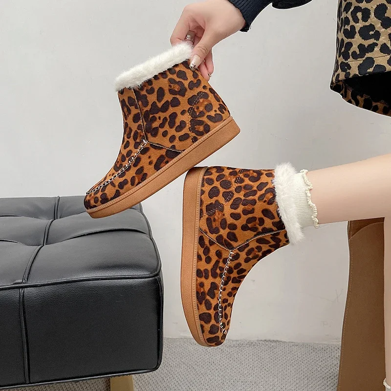 Moda feminina botas de algodão plana inverno nova cabeça redonda leopardo impressão camurça zíper lateral antiderrapante botas curtas