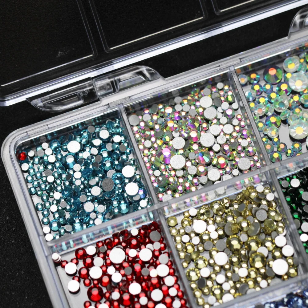 12 Gitter 3D Bunte Runde Perlen Kristall Nagelkunst Strass Flache Glasdiamanten Nagel-Charms DIY Maniküre Dekoration