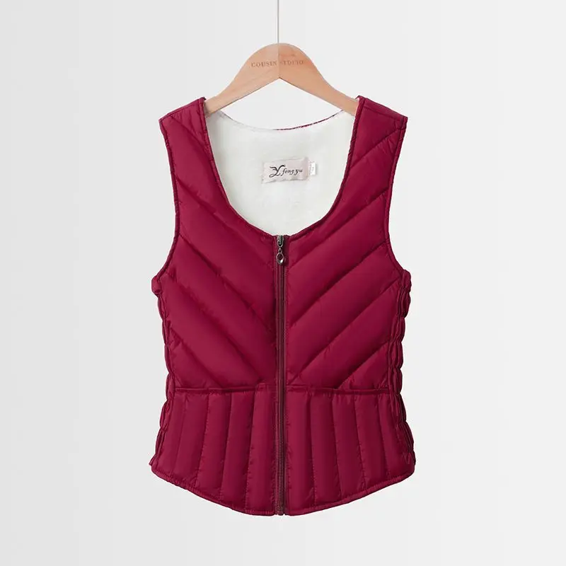 

2025 New Women Fleece Vests Autumn Ultra-light Sleeveless Jacket Winter Cotton Padded Lambswool Warm Elastic Waistcoat Female