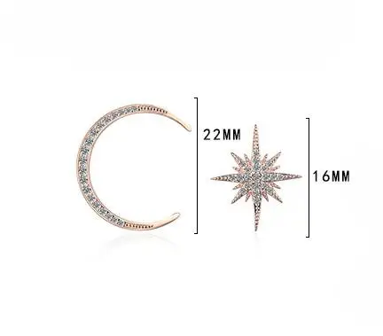 Real 925 Sterling Silver Zircon Moon Star Stud 14K Gold Earrings For Women Asymmetry Cute Fine Jewelry Drop shipping view 5