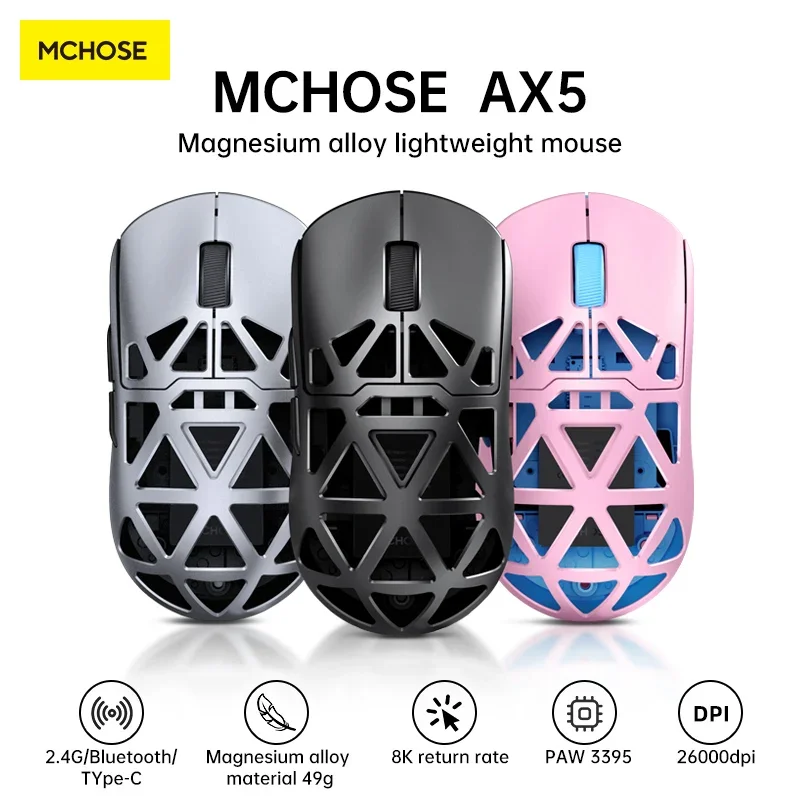 

Беспроводная мышь Mchose AX5 из магниевого сплава Paw3395 Sensor Nordic 52840 8K Chip, трехрежимная игровая мышь Fps, 49 г, офисная мышь