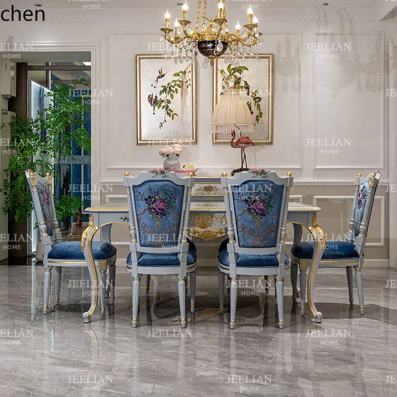 

Hxl living room solid wood carved dining table and chair set - hand-painted floral long dining table