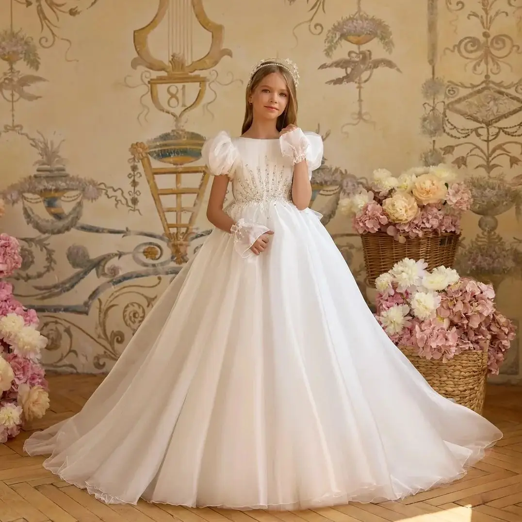

White Beading Flower Girl's Dresses for Wedding Short Sleeve First Communion Dress Ball Gown Baby Girl's Birthday Party Gowns